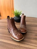 Botina Bento - Couro Látego Marrom/ Bordado Violão Bege