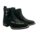 BotinaCanivete Tradicional\n                                    - Com Menina da Pecuária | Couro Nobuck Estilizado em Tilápia Preto | Bordado Bege