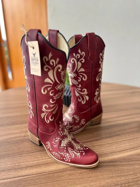 Texana Isabela Bico Fino - Couro Vermelho/Cruz marrom e Bege