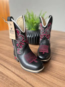 Texana Ágata Infantil - Couro Látego Preto/Bordado Ramos Rosa