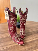 Texana Isabela Bico Fino - Couro Vermelho/Cruz marrom e Bege