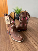 Texana Júlia Infantil - Couro Horse Nescau/Bordado Cavalo Branco e Rosa