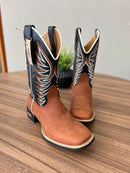 Texana Pietro - Couro Látego Preto e Horse Telha/Bordado Ramos Laranja e Branco