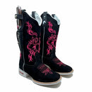 BotaFaca Primavera\n                                    - Couro Nobuck Preto | Bordado Rosa | Solado Branco