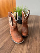 Texana Jordana Infantil - Couro Horse Telha/Bordado Ramos Bege