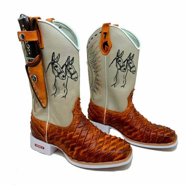 BotaFaca Mulas\n                                    - Couro Cano Napa Flay Bege | Couro Gáspea Látego Queima Mostarda Aramado | Mulas Preto