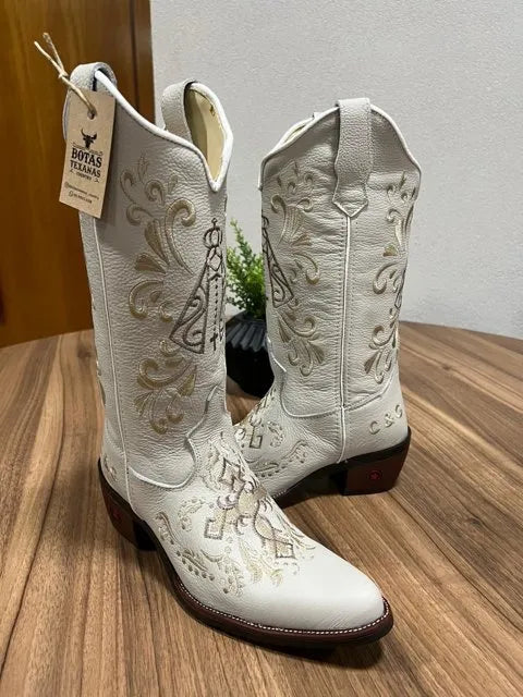 Texana Maria Bico Fino - Couro Off-White/Bordado Padroeira Marrom e Bege