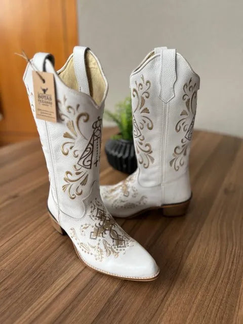 Texana Maria - Couro Floatter Branco/Bordados Padroeira Marrom e Bege