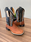 Texana Pietro - Couro Látego Preto e Horse Telha/Bordado Ramos Laranja e Branco