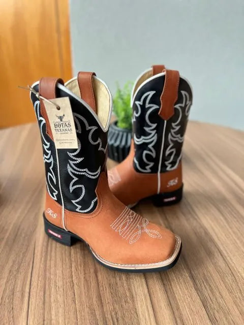 Texana André - Couro Látego Preto e Horse Telha/Bordado Ramos Branco