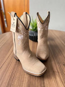 Texana Cecília - Couro Nobuck Areia/ Bordado Flores Bege e Rosa (Solado Madeira)