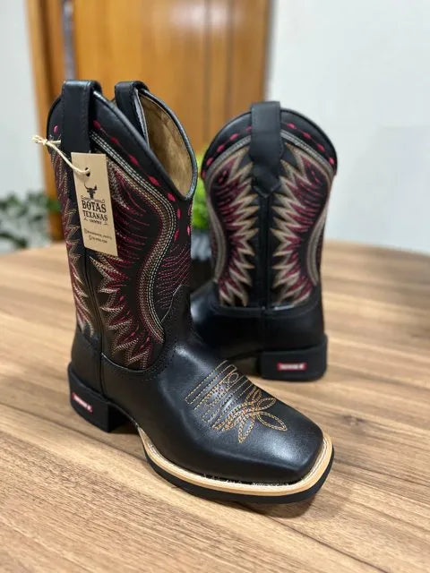 Texana Eduardo - Couro Látego Preto/ Bordado Ramos Vermelho e Bege