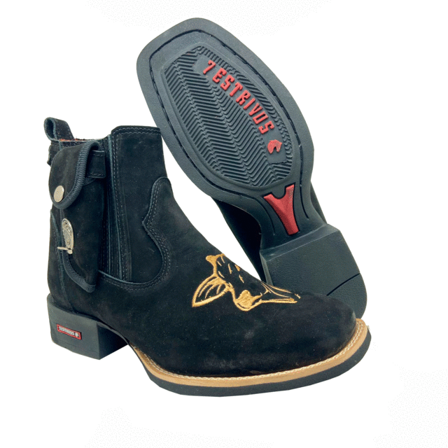 BotinaCanivete Boi Nelore\n                                    - Couro Nobuck Preto | Bordado Bege