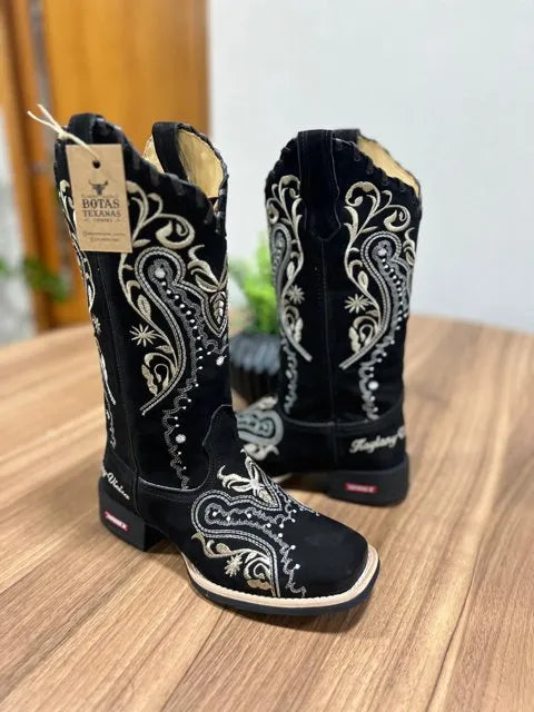 Texana Alice - Couro Nobuck Preto/Bordado Tribal Bege com Tricê