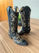 Texana Maria Bico Fino - Couro Látego Preto/Bordados Padroeira Marrom e Bege