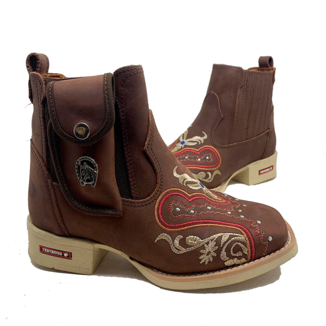 BotinaCanivete Florência\n                                    - Couro Crazy Horse Nescau | Bordados Rosa e Bege