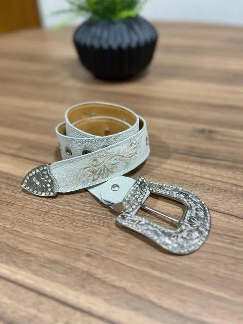 Cinto - Couro Off-White/Bordado Tribal Bege