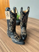 Texana Maria Bico Fino - Couro Látego Preto/Bordados Padroeira Marrom e Bege