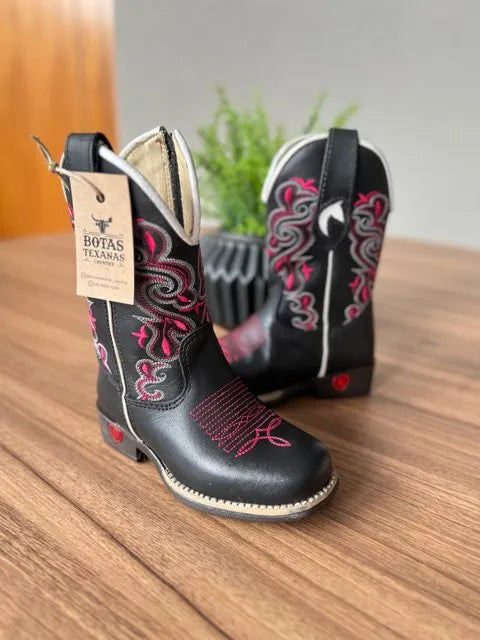 Texana Ágata Infantil - Couro Látego Preto/Bordado Ramos Rosa