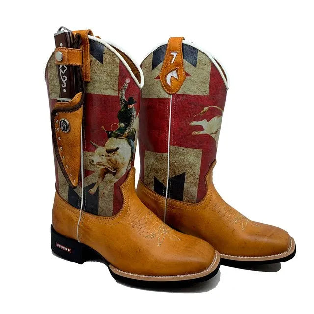 BotaFaca Peão \n                                    - Couro Cano Estampa | Couro Gáspea Látego Queima Mostarda