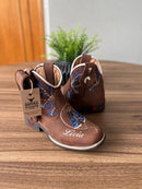 Botina Isabel Infantil com kit canivete - Couro Horse Nescau/Bordado Ramos Azul e Padroeira