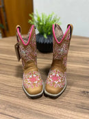 Texana Andressa Infantil - Couro Fóssil Havana/Bordado Cruz Rosa com Metais