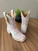 Texana Maitê Capota - Couro Floatter Branco/Bordado Florência Rosa e Verde