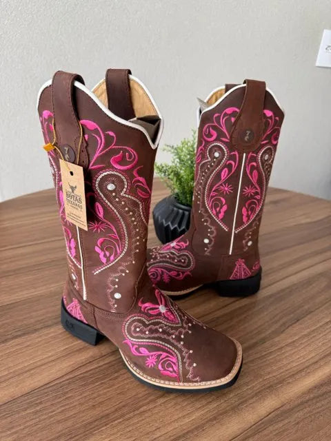 Texana Alice - Couro Horse Nescau/Bordado Tribal Rosa com Padroeira