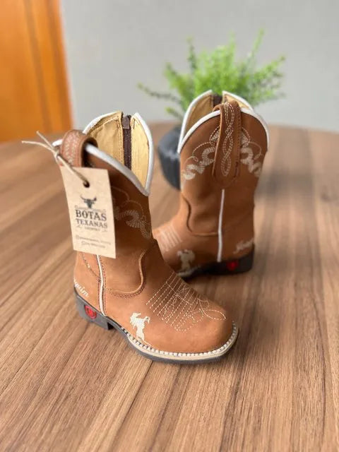 Texana José Felipe Infantil - Couro Fóssil Havana/Bordado Ramos Bege