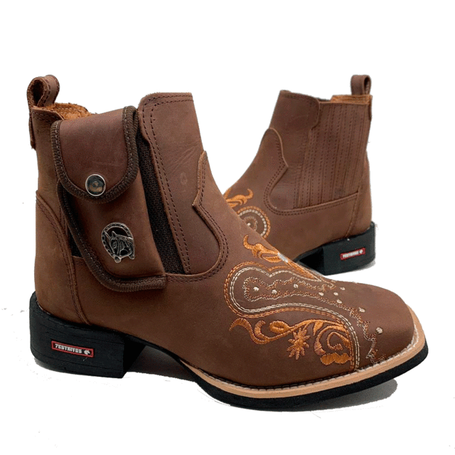 BotinaCanivete Florência\n                                    - Couro Crazy Horse Nescau | Bordados Laranja e Branco