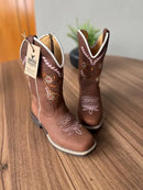 Texana Jade Infantil - Couro Horse Nescau/Bordado Flores Rosa e Bege