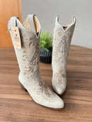 Texana Maria Bico Fino - Couro Off-White/Bordado Padroeira Marrom e Bege