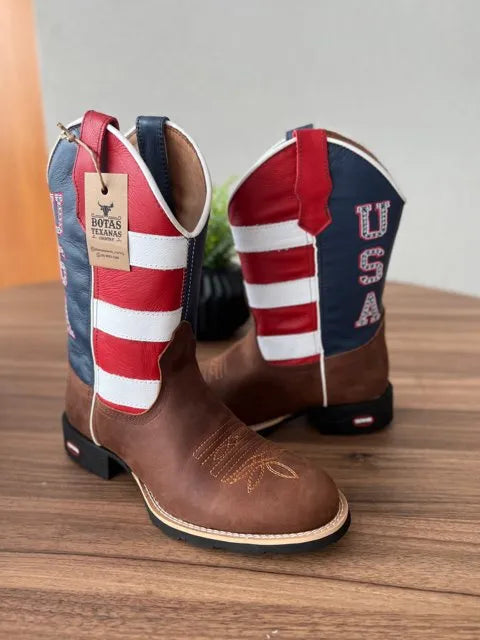 Texana Alex - Couro Horse Nescau/ Bordado Americana (bico redondo)