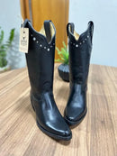 Texana Virgínia Bico Fino - Couro Látego Preto/Sem Bordado All-Black com Metais