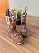 Texana Clarice Infantil - Couro Horse Nescau/Bordado Cruz Rosa e Bege