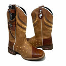 BotaFaca Americana Gold\n                                    - Couros Fóssil Havana e Havana Chapado | Bordados Estrelas | Tons Marrom e Bege