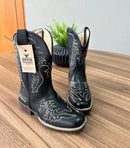 Texana Fernanda Infantil - Couro Látego Preto/Bordado Ramos Bege