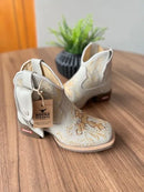 Botina Cano Médio Michele com Kit Canivete - Couro Off-White/ Bordado Cruz Marrom e Bege