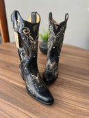 Texana Alice Bico Fino - Couro Látego Preto/Bordado Tribal Bege com Metais