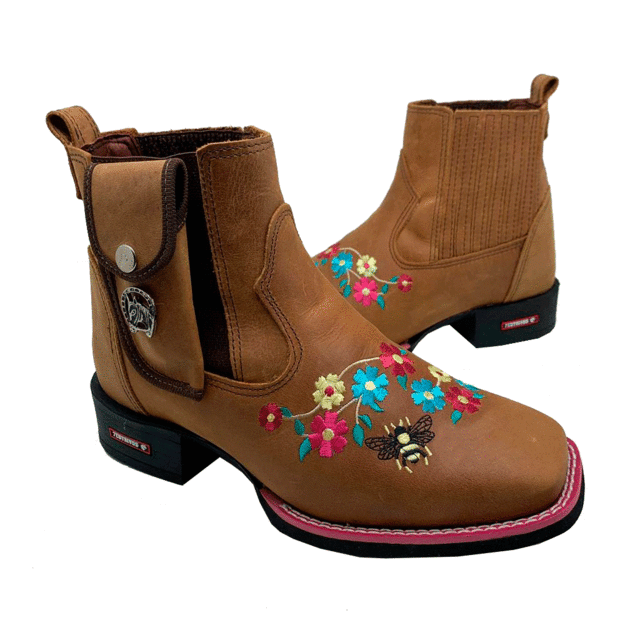 BotinaCanivete Abelha\n                                    - Couro Fóssil Havana | Bordado Flores