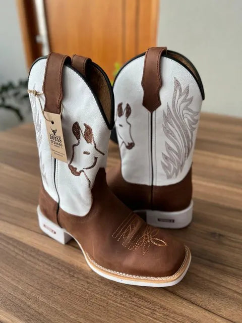 Texana Geovani  - Couro Floatter Branco e Horse Nescau/ Bordado Mulas Marrom