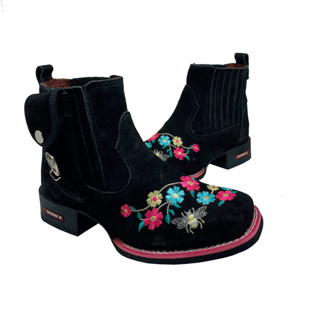 BotinaCanivete Abelha\n                                    - Couro Nobuck Preto | Bordado Flores