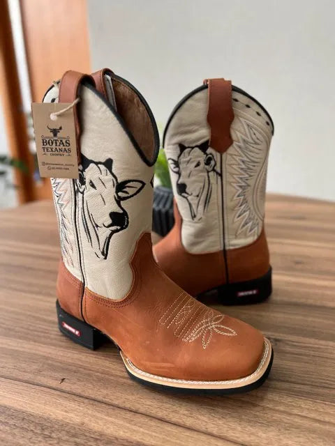 Kit Texana Caio + Faca - Couro Off-White e Horse Telha/ Bordado Boi Preto