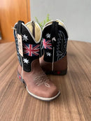 Texana Tom Infantil - Couro Nobuck Preto e Horse Nescau/Bordado Reino Unido