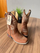 Texana Alice Infantil - Couro Horse Nescau/Bordado Tribal Bege