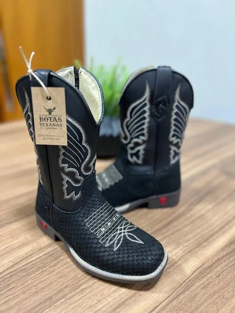 Texana Gael Infantil - Couro Látego e Tilápia Preto/Bordado Asas Bege