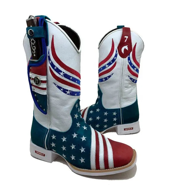 BotaFaca Americana Gold\n                                    - Couro Cano Napa Flay Branco | Couro Gaspea Fóssil Bic e Vermelho | Bordado Estrelas Brancas