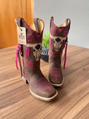 Texana Helena - Couro Horse Cappuccino/Bordado Touro 3D Rosa