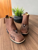 Botina Alice - Couro Horse Nescau/ Bordado Tribal Preto