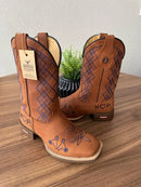 Texana Antônio - Couro Fóssil Havana/Bordado Geométrico Azul Marinho